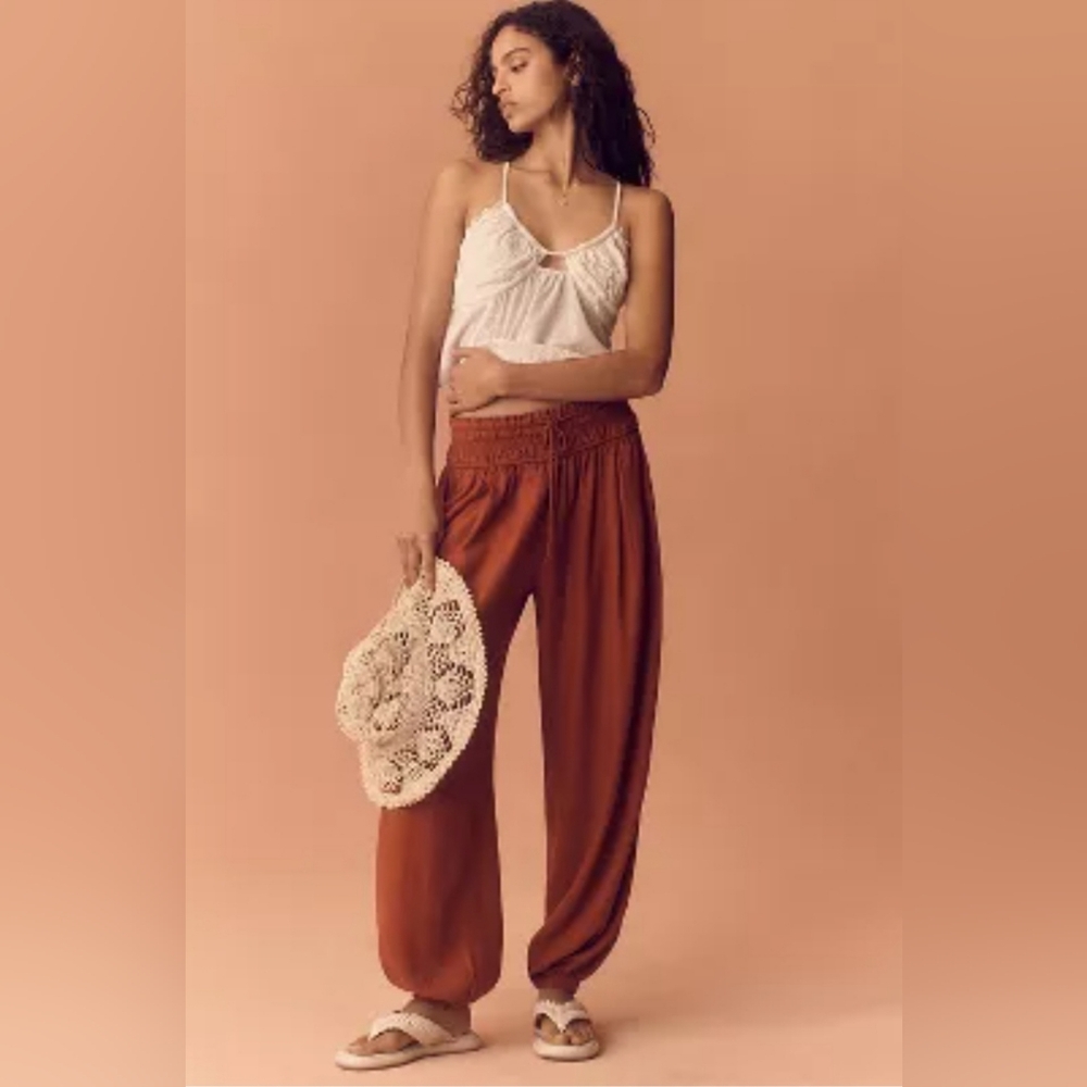 NWT Anthropologie Linen Smocked Baloon Rust Cedar Pants Sz L to XL with Pockets